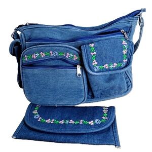 Vintage Denim Floral Handbag With Wallet